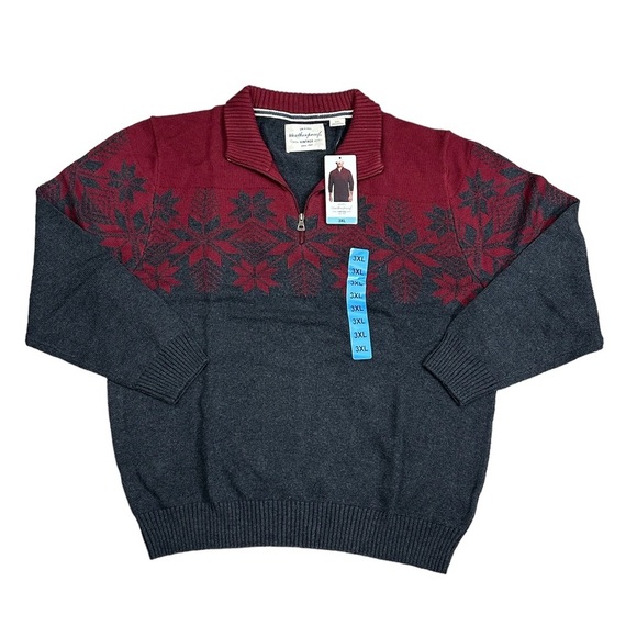 Men’s Weatherproof 3XL 3X Quarter 1/4 Zip Sweater Red Charcoal Holiday Snowflake - Picture 4 of 11